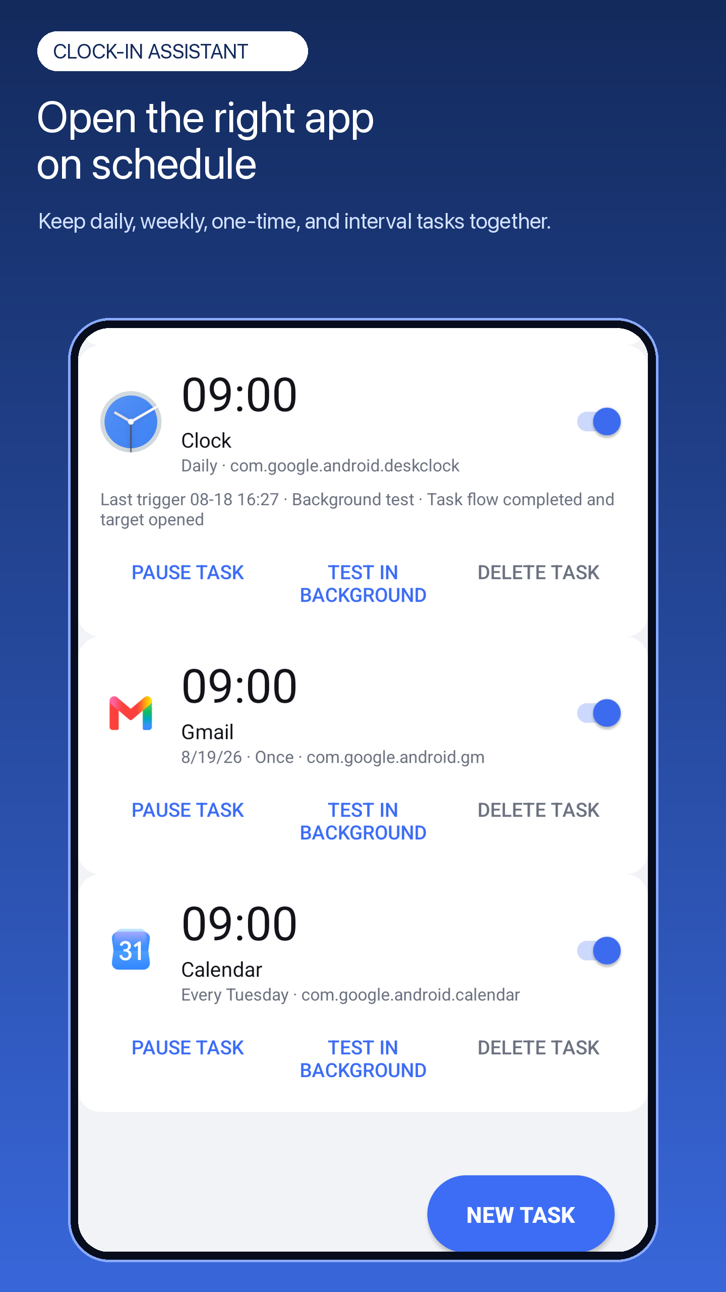 Clock-In Assistant task list in English